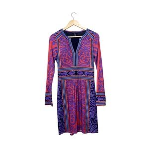 Hale Bob Womens Purple Red Geometric Print Long Sleeve Jersey Dress Small